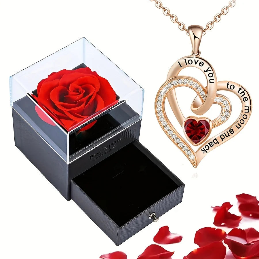 Luxury Love Heart Zircon Necklace With Rose Flower Gifts Box For Women Valentine Jewelry Gift